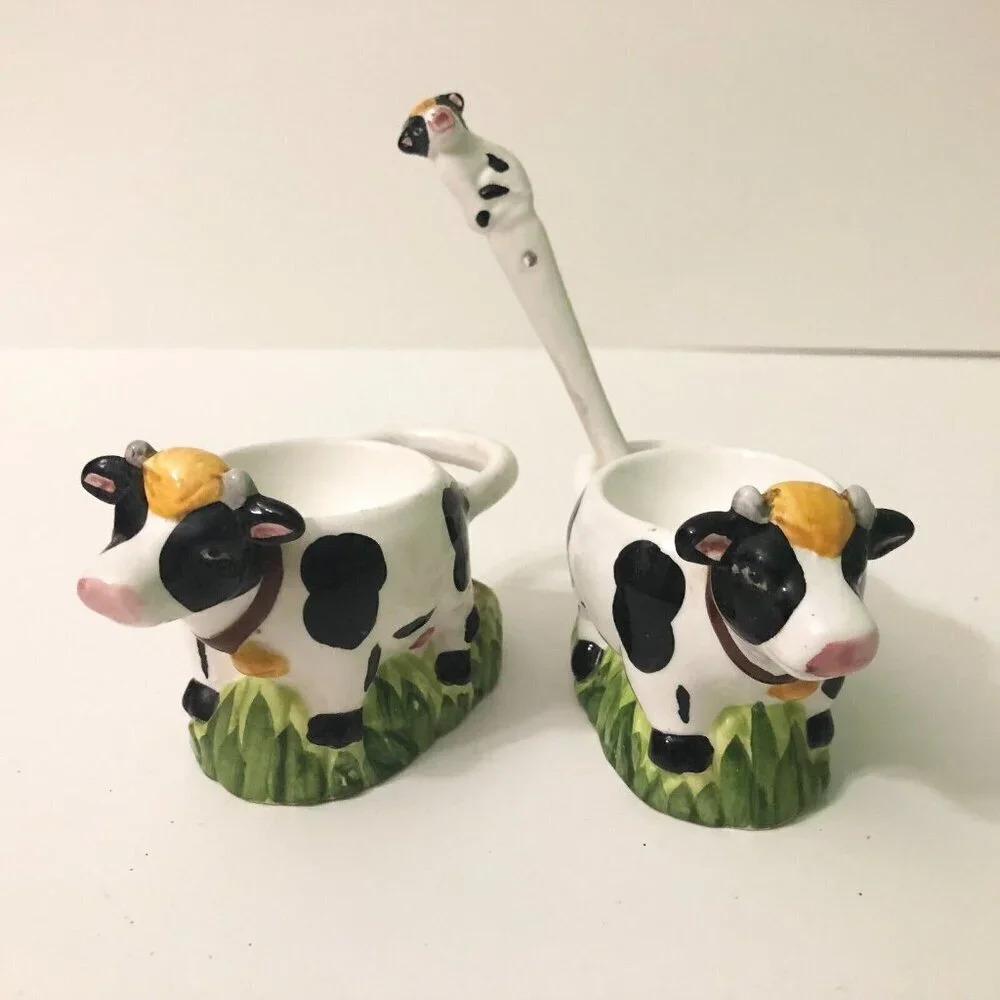 Vintage Cow Ceramic Egg  Cups With 1 Spoon